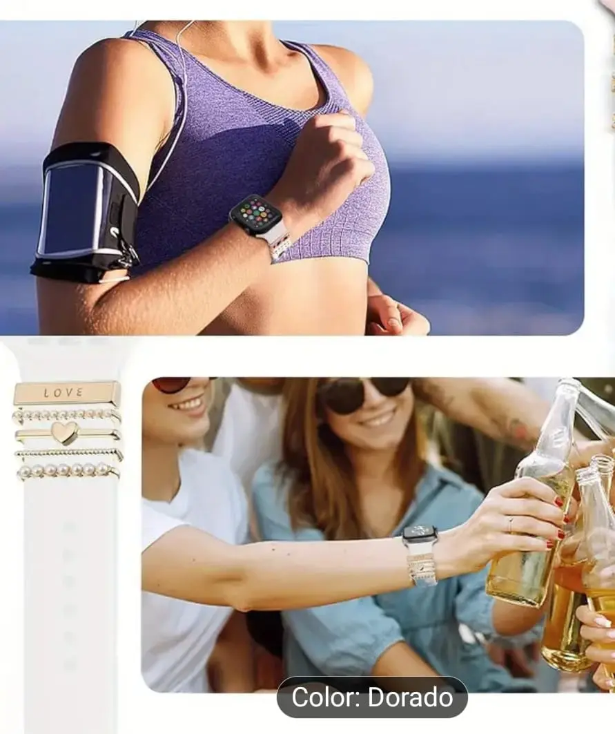 Correa blanca para smartwatch con pasadores metálicos dorados decorados con perlas y un dije de corazón.