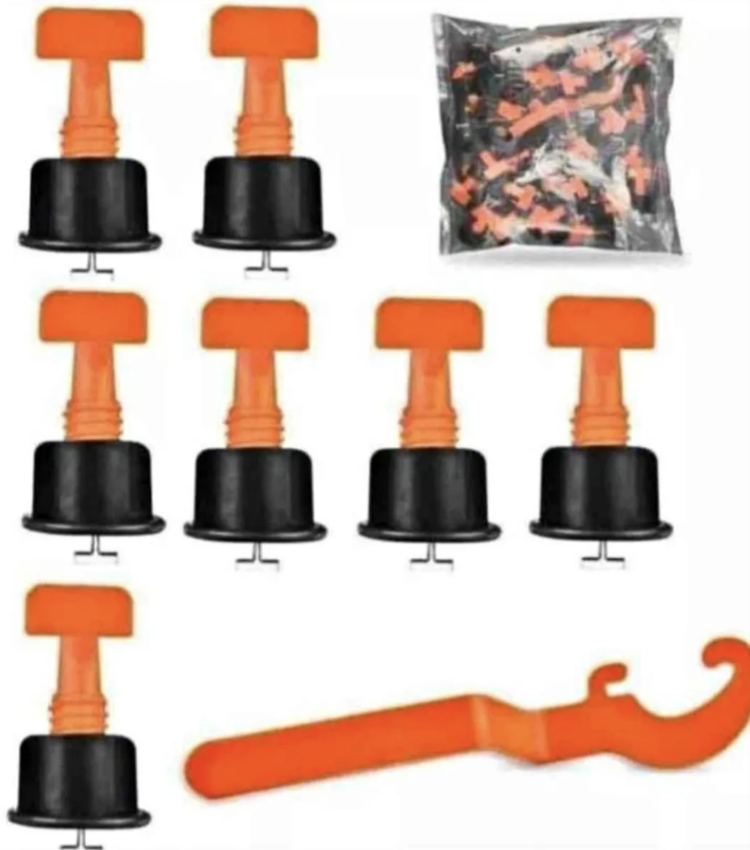 Set de niveladores de cerámica con 7 piezas de ajuste naranja y negro, una llave de apriete y una bolsa con repuestos para instalación de pisos.