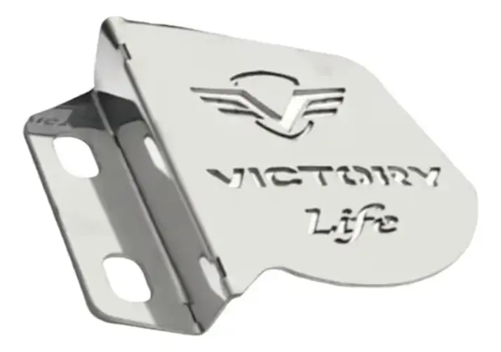 Set x2 protector de caliper para moto Victory Life en acero inoxidable brillante con ranuras de ventilación y logotipo grabado.