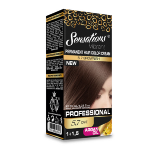 Caja de tinte permanente Sensations 5.7 Café con aceite de argán. Empaque negro con patrón de leopardo dorado y muestra cabello castaño.
