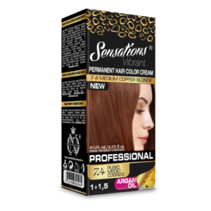 Caja de tinte permanente tono 7.4 rubio medio cobrizo de 125 ml con aceite de argán, mostrando diseño frontal y lateral.