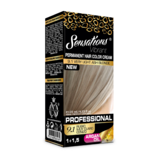 Caja de tinte permanente Sensations tono 9.1 rubio muy claro cenizo con aceite de argán, formato de 125 ml con diseño en tonos negros y dorados.