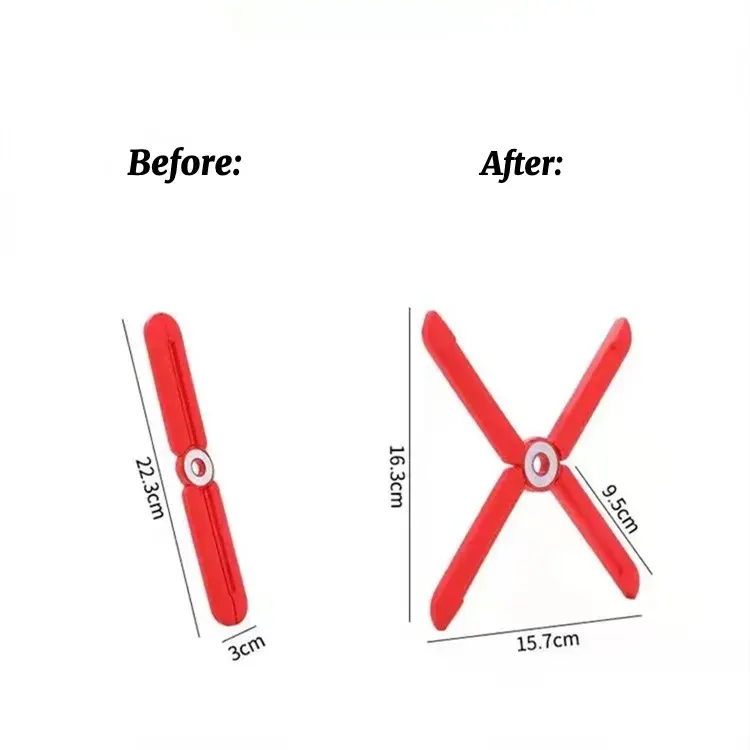 Salvamantel térmico plegable rojo. Muestra su diseño compacto de 22.3x3 cm y extendido en forma de X con medidas de 16.3x15.7 cm para ollas calientes.