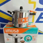 Olla a presión Imusa Secury Plus de 7 litros en aluminio plateado con mangos negros y naranja, sobre su caja de empaque.