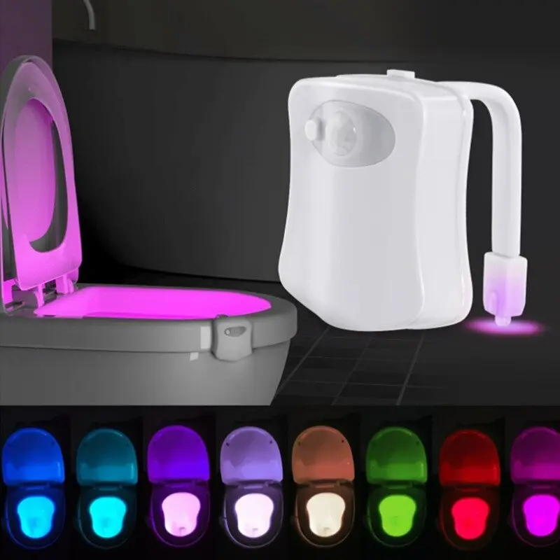 Luz LED blanca para inodoro con sensor de movimiento y brazo flexible, mostrando iluminación rosa en la taza y la barra inferior.