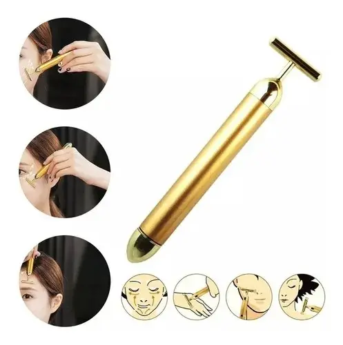 Masajeador facial vibratorio dorado en forma de T con mango cilíndrico, mostrado junto a imágenes de uso en rostro, cuello y mano.