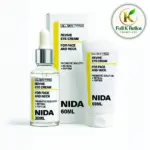 Set de Nida en caja blanca con frasco cuentagotas de 30 ml y tubo de crema de 60 ml, fórmula con probióticos, retinal y péptidos para cara y cuello.