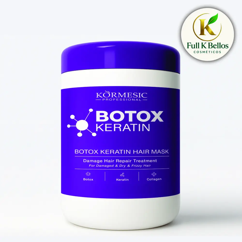 Tarro azul y blanco de tratamiento capilar Kormesic Botox Keratin para reparar cabello dañado, seco y con frizz.