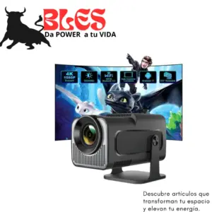 Proyector inteligente negro Android 11 con base giratoria y conectividad WiFi, proyectando animada en pantalla curva.