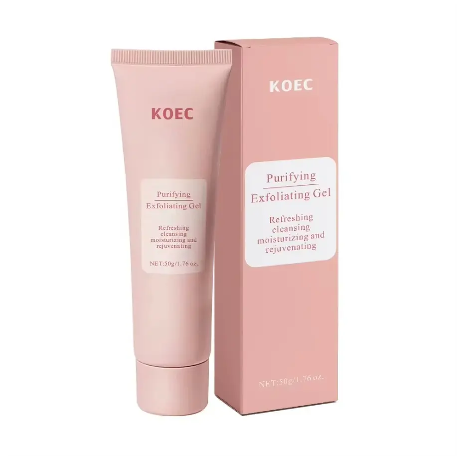 Tubo y caja de gel exfoliante purificante rosados de 50 g, con texto descriptivo en etiqueta blanca frontal.