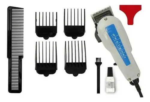 Cortadora de cabello gris con azul y cable, incluye 4 peines guía negros, peine de peluquería, cepillo de limpieza, aceite y protector rojo.