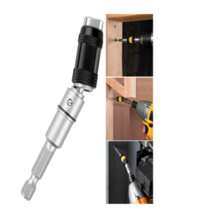 Adaptador de punta de broca articulado y magnético en metal plata con mango negro, mostrando su uso en espacios estrechos y esquinas con taladro.