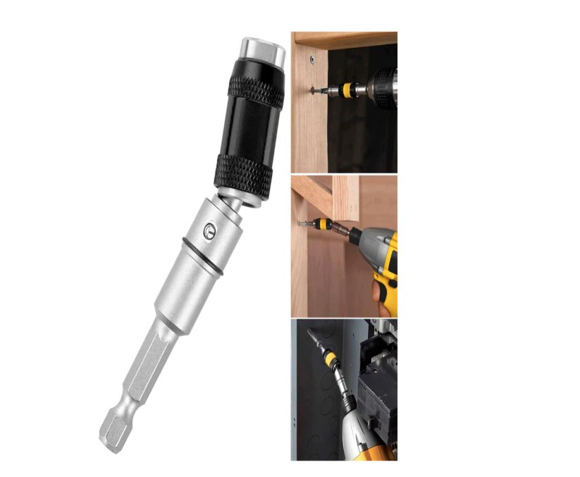 Adaptador de punta de broca articulado y magnético en metal plata con mango negro, mostrando su uso en espacios estrechos y esquinas con taladro.