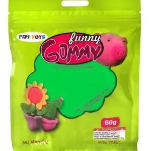 Bolsa verde de plastilina foamy moldeable de 60g, marca Pipi Toys, con ilustraciones de cerdito rosado y matera con cactus y girasol.