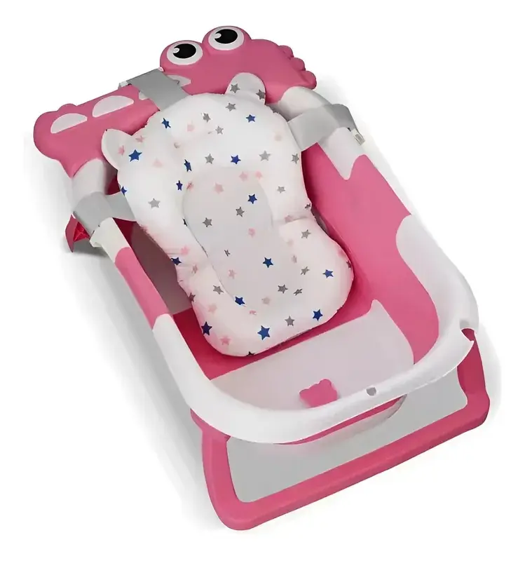 Bañera plegable para bebé en rosa y blanco con cabezal de personaje, cojín acolchado con estrellas azules y grises y correas de sujeción.