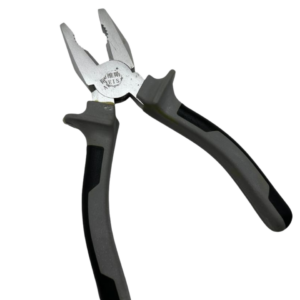 Alicate universal de 7 pulgadas con cabezal metálico plateado y mangos ergonómicos de caucho negro con textura antideslizante.