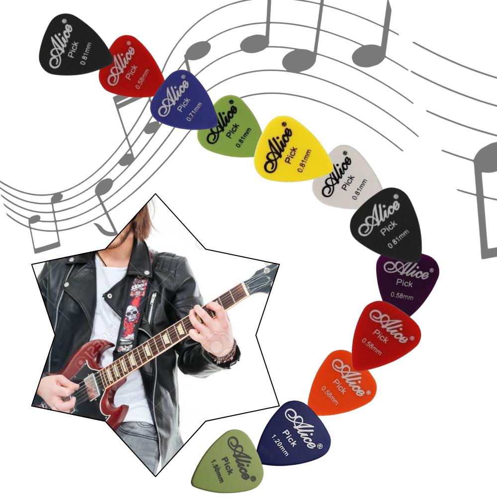 Set de púas Alice para guitarra en variedad de colores y calibres visibles de 0.58 mm a 1.50 mm, incluye músico con guitarra eléctrica.