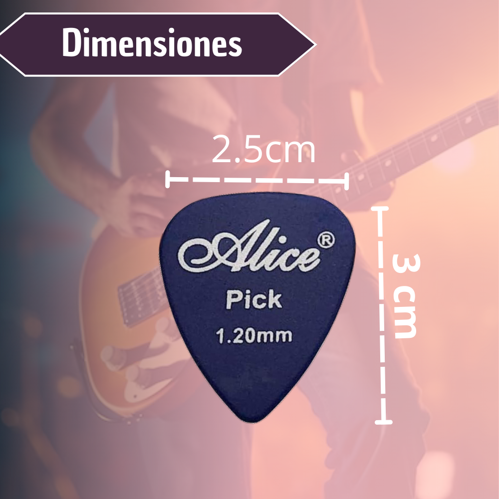 Púa para guitarra Alice color azul oscuro de 2.5 cm de ancho por 3 cm de alto y un grosor de 1.20 milímetros.