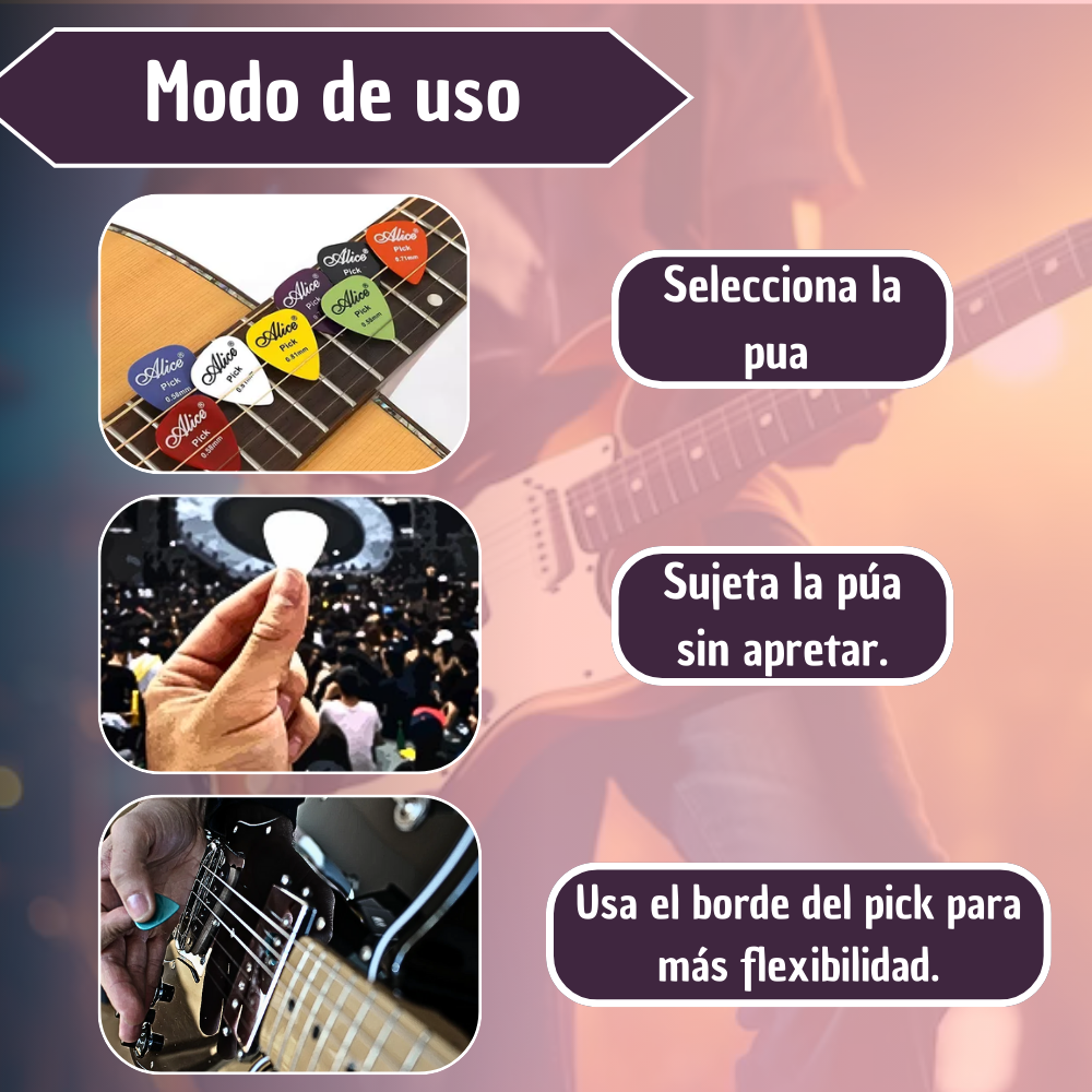 Set de diez púas Alice para guitarra de colores variados en material ABS con diferentes calibres y guía visual de uso.
