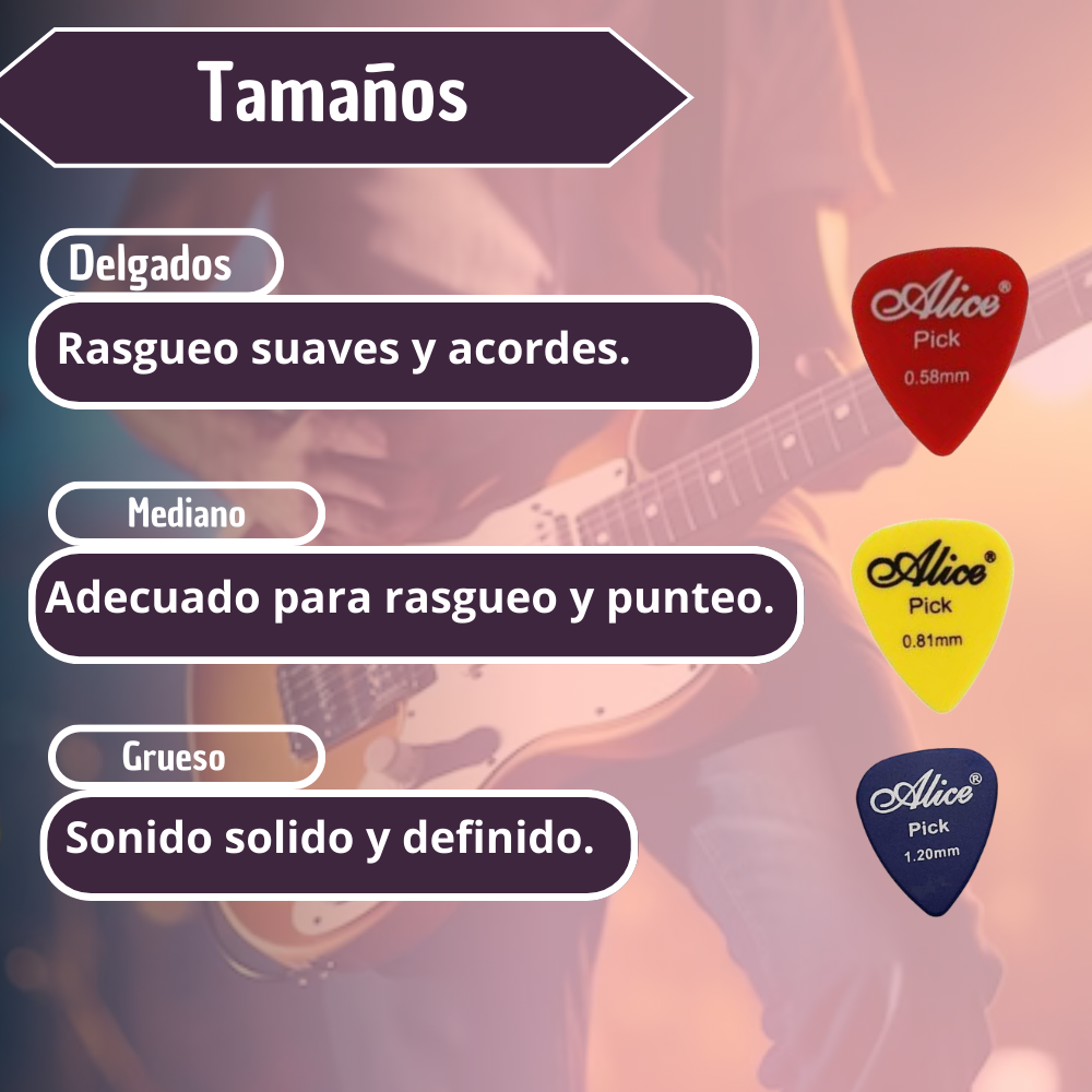 Set de púas Alice para guitarra con tres grosores distintos de 0.58 mm, 0.81 mm y 1.20 mm en colores rojo, amarillo y azul para rasgueo y punteado.