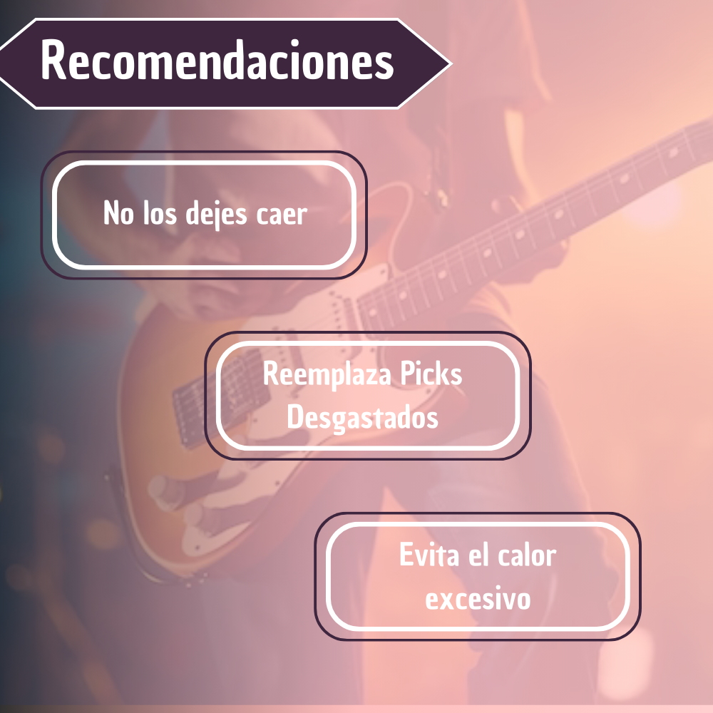 Infografía con recomendaciones para púas Alice de guitarra, incluyendo evitar caídas y calor excesivo.