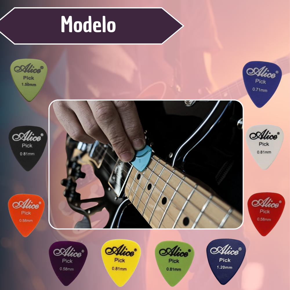 Púas Alice para guitarra en diversos colores y calibres de 0.58mm a 1.50mm, junto a una mano tocando las cuerdas de una guitarra eléctrica.