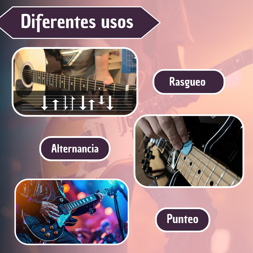 Usos de las púas Alice: rasgueo en guitarra acústica, alternancia y punteo en guitarra eléctrica para lograr diversos timbres y texturas.
