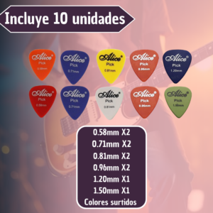 Set x10 Púas Alice de guitarra en material ABS con varios calibres - Permite conseguir diferentes timbres y texturas musicales
