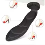 Plantilla ortopédica negra ergonómica con relieves acolchados y esquemas que muestran el alivio de presión en zapatos de tacón.