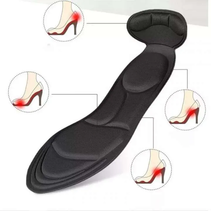 Plantilla ortopédica negra ergonómica con relieves acolchados y esquemas que muestran el alivio de presión en zapatos de tacón.