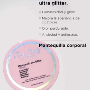 Envase redondo de mantequilla corporal rosa con brillo, tapan con texto holográfico y etiqueta que lista ingredientes, contenido de 250 ml.