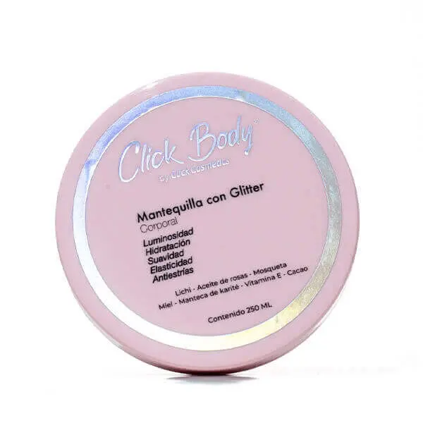 Tapa circular rosa de mantequilla corporal con glitter de 250 ml, letras plateadas en relieve y beneficios visibles en la etiqueta.