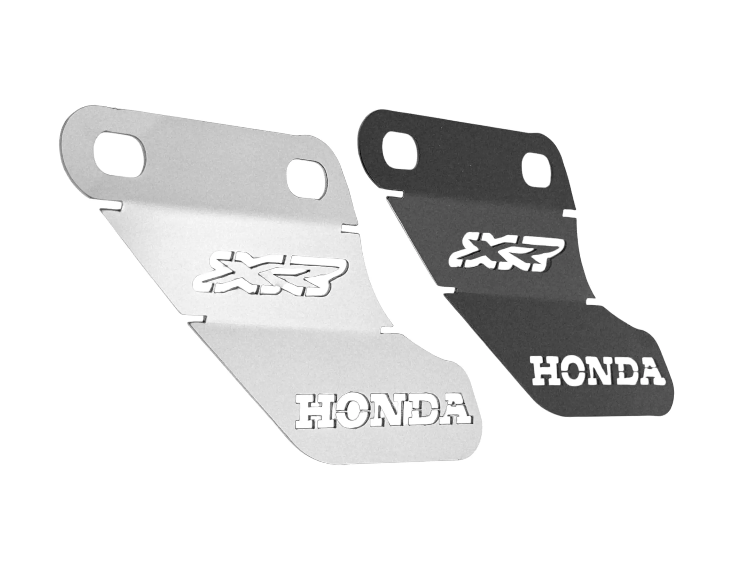 Set de dos patines tensores de cadena de acero inoxidable para motocicleta Honda, en variantes color plata y negro con grabados decorativos.