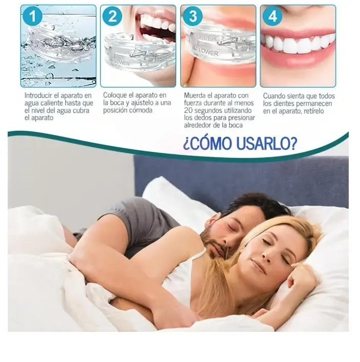 Instrucciones paso a paso para moldear placa transparente antironquidos y bruxismo en agua caliente antes de usar para dormir.