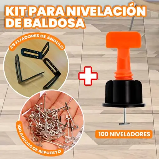 Kit de nivelación de baldosas con 100 niveladores negros y naranjas, 100 agujas de repuesto metálicas y 25 fijadores de ángulo negros.