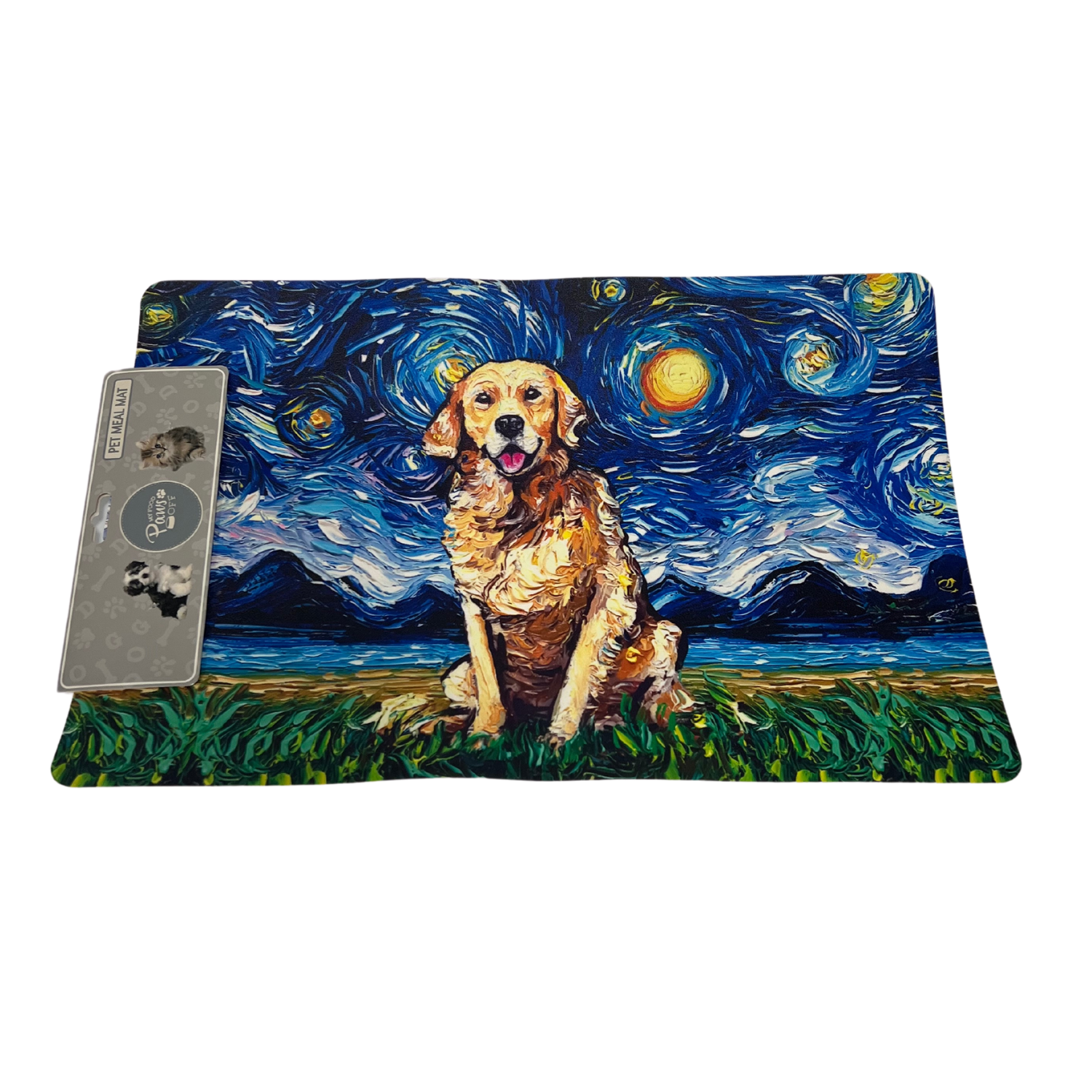 Tapete comedero para mascotas con diseño inspirado en La Noche Estrellada, muestra un perro golden retriever sentado sobre pasto frente a un cielo nocturno.