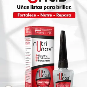 Caja roja y blanca y frasco de tratamiento reparador Nutri Uñas con biotina y ajo para fortalecer las uñas, sobre un pedestal blanco.