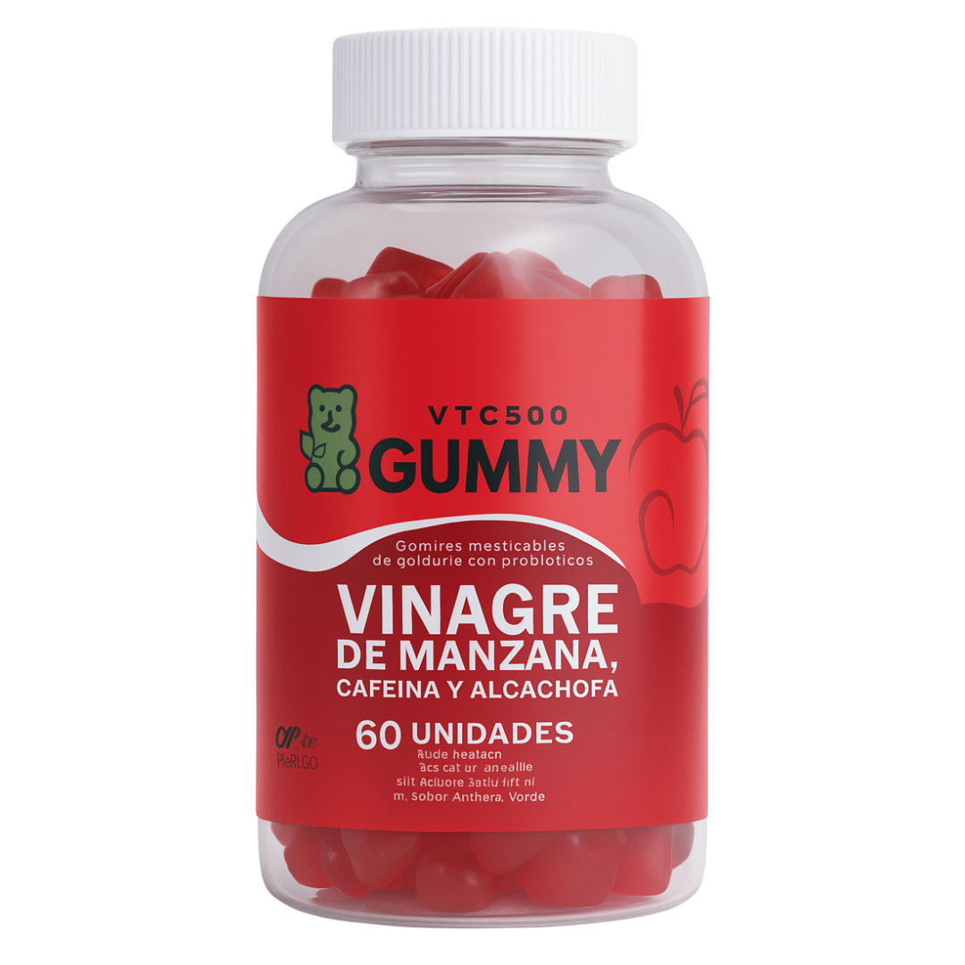 Frasco transparente con tapa blanca con 60 gomitas rojas de vinagre de manzana con cafeína y alcachofa en etiqueta roja con diseño de oso y manzana