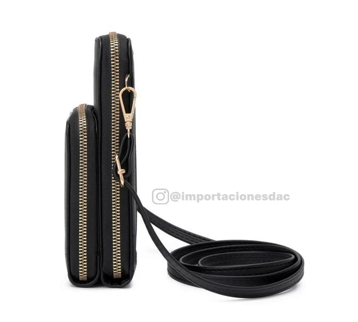 Bolso porta celular cruzado negro de cuero sintético con doble compartimento con cierre y correa larga ajustable.