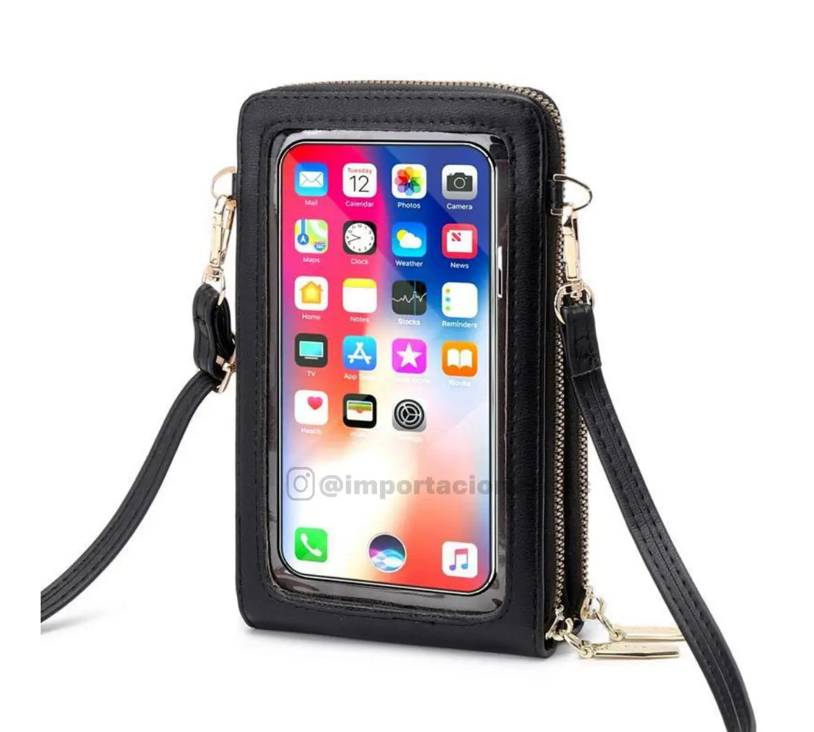 Bolso porta celular cruzado negro con ventana transparente para smartphone, herrajes dorados y correa larga, mostrado en ángulo frontal.
