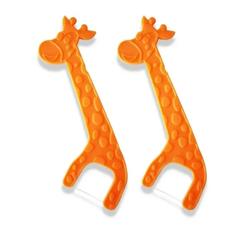 Dos hilos dentales infantiles de color naranja con diseño de jirafa, ideales para la limpieza interdental y el cuidado de los dientes de los niños.