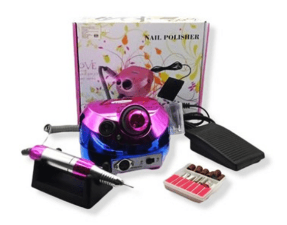 Kit pulidor de uñas eléctrico en color fucsia y azul metalizado, incluye pieza de mano, base de apoyo, pedal de control y caja de brocas abrasivas.