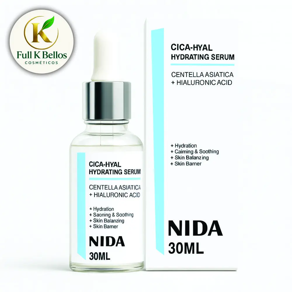 Sérum hidratante NIDA Cica-Hyal de 30 ml en frasco con gotero y caja blanca con detalles celestes, para calmar la piel.