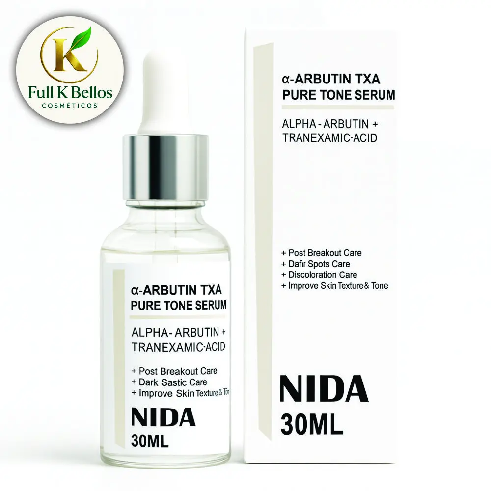 Suero facial Nida de 30 ml con Alpha Arbutin y ácido tranexámico en frasco de vidrio transparente con gotero junto a su caja blanca.