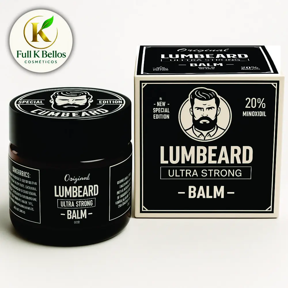 Tarro negro y caja de Lumbeard Ultra Strong Balm con 20% minoxidil para crecimiento de barba y bigote, diseño en negro y crema.