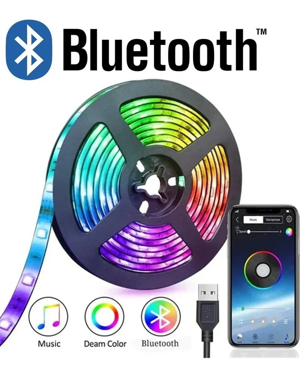 Carrete de cinta LED RGB multicolor, conector USB y smartphone con app de control Bluetooth para iluminación reactiva a la música.