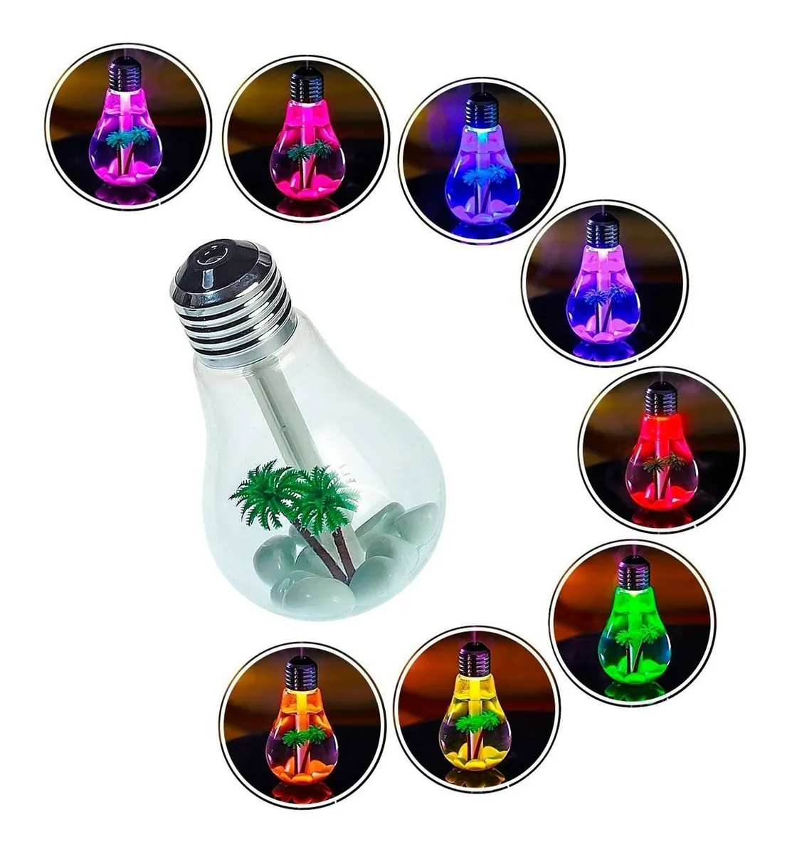 Difusor de aromas con forma de bombilla decorado con palmeras y piedras, con ocho variantes de luz LED en colores vibrantes.