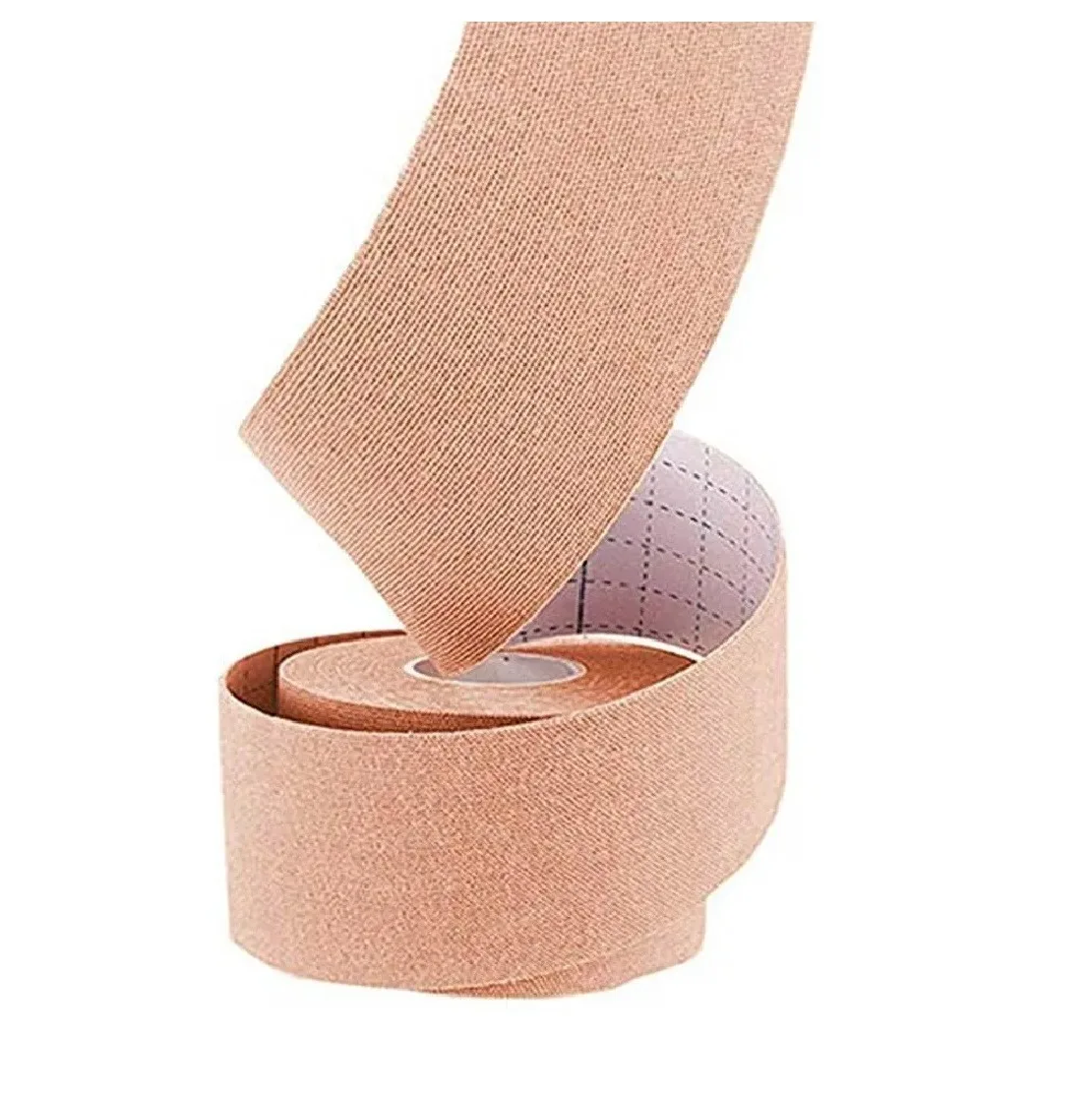 Rollo de cinta adhesiva corporal color piel con textura elástica y reverso cuadriculado para fácil corte.