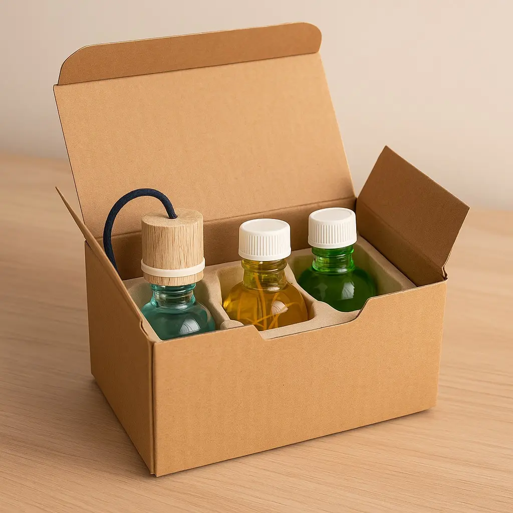 Caja de cartón abierta que contiene un difusor con tapa de madera y dos botellas de repuesto con líquido amarillo y verde.