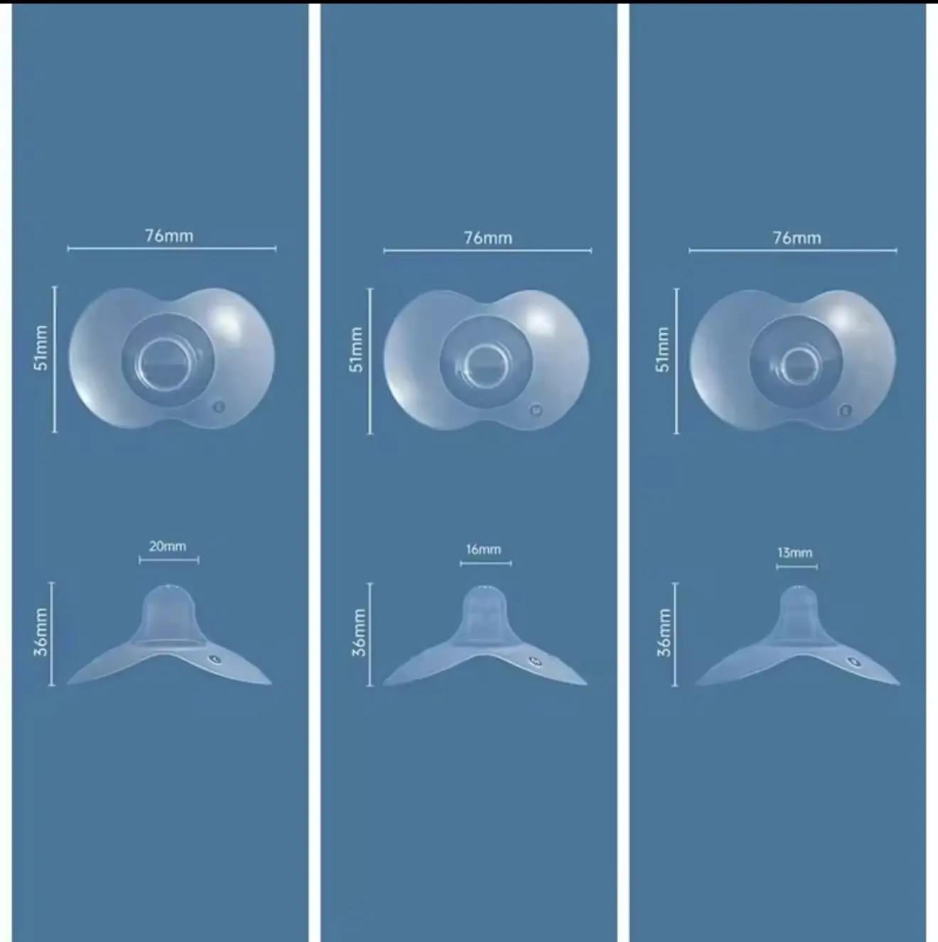 Tres pezoneras de silicona transparente para lactancia con medidas visibles de 20 mm, 16 mm y 13 mm de diámetro, en vistas frontal y superior.